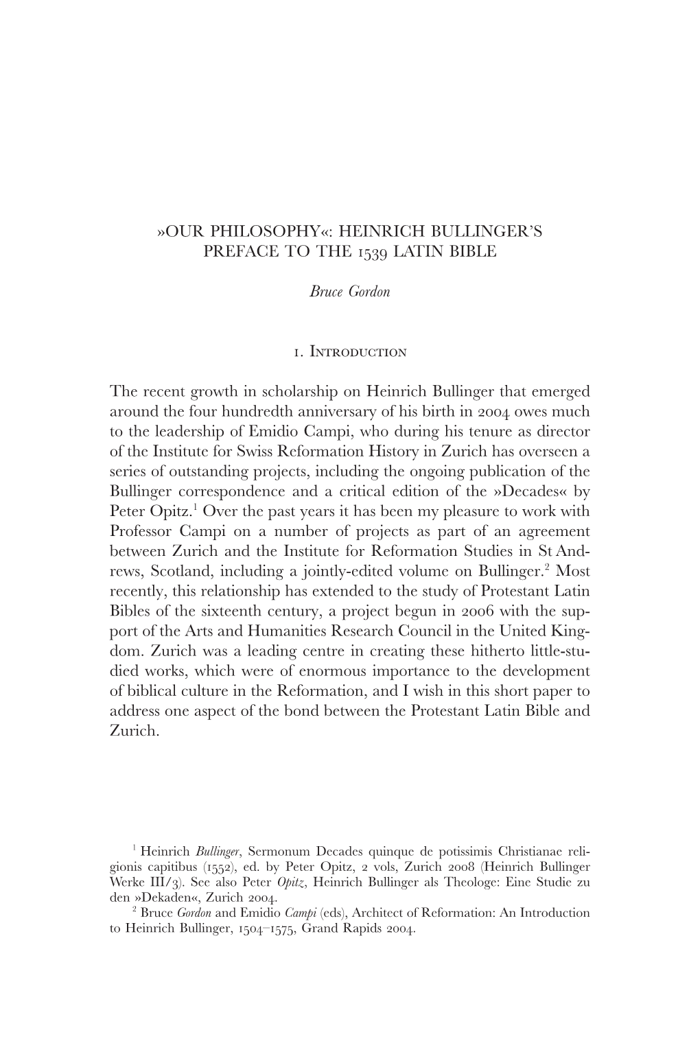 Our Philosophy«: Heinrich Bullinger's Preface To