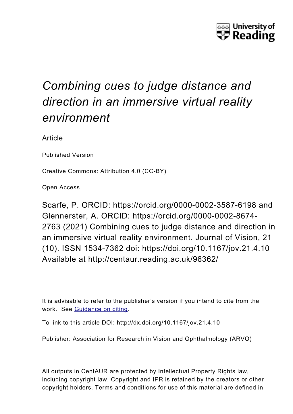 Combining Cues to Judge Distance and Direction in an Immersive Virtual Reality Environment