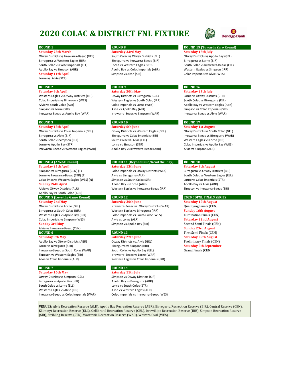 2020 Colac & District Fnl Fixture