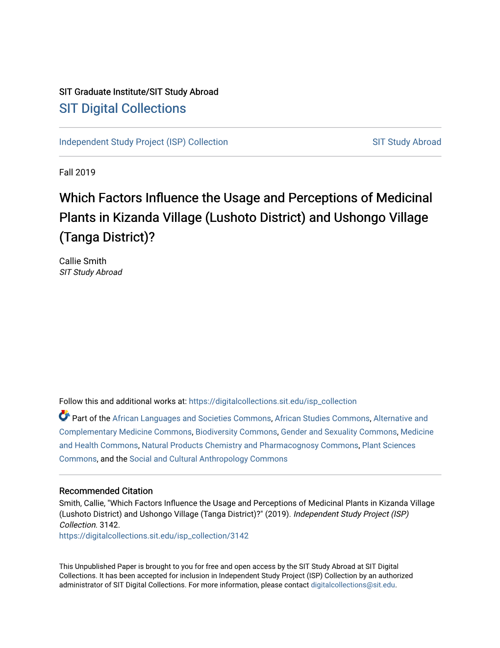 Which Factors Influence the Usage and Erp Ceptions of Medicinal Plants in Kizanda Village (Lushoto District) and Ushongo Village (Tanga District)?