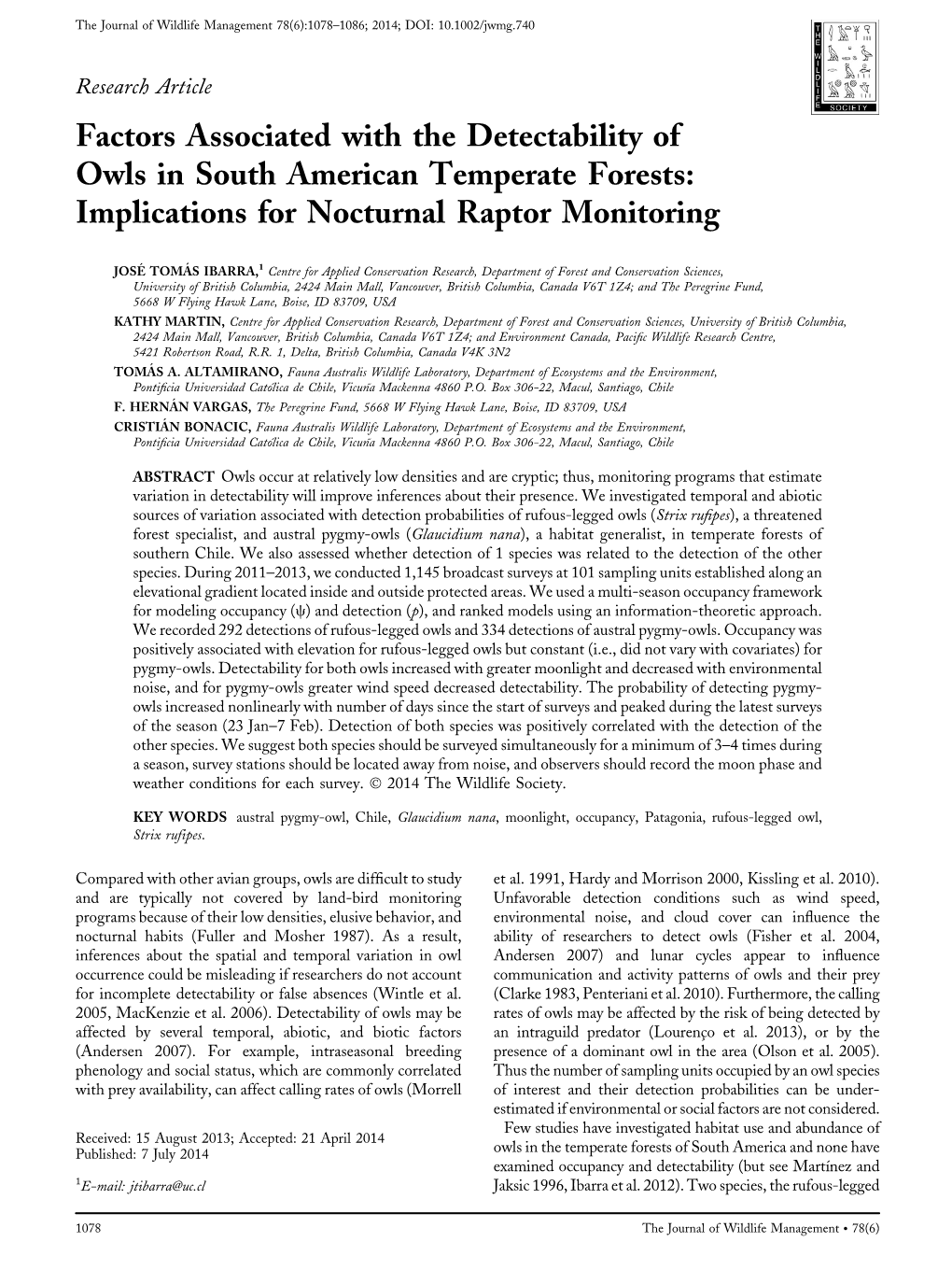 Factors Associated with the Detectability of Owls in South American Temperate Forests: Implications for Nocturnal Raptor Monitoring