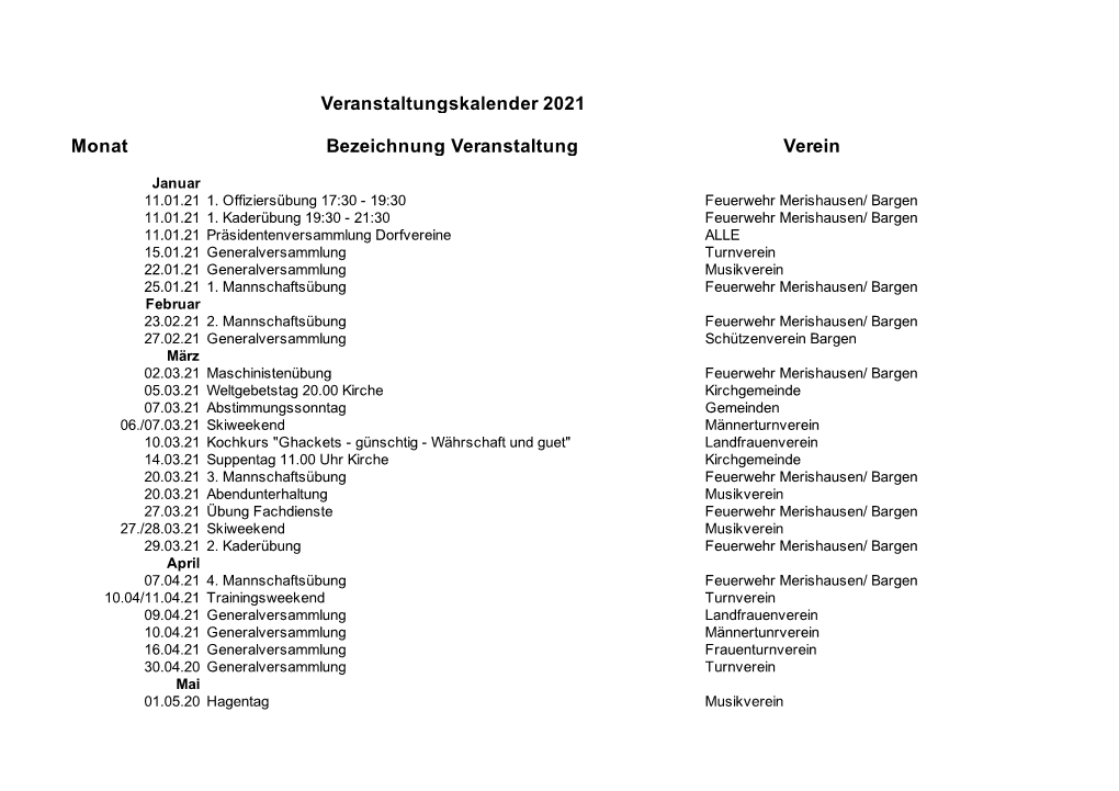 Veranstaltungskalender Dorfvereine 2021