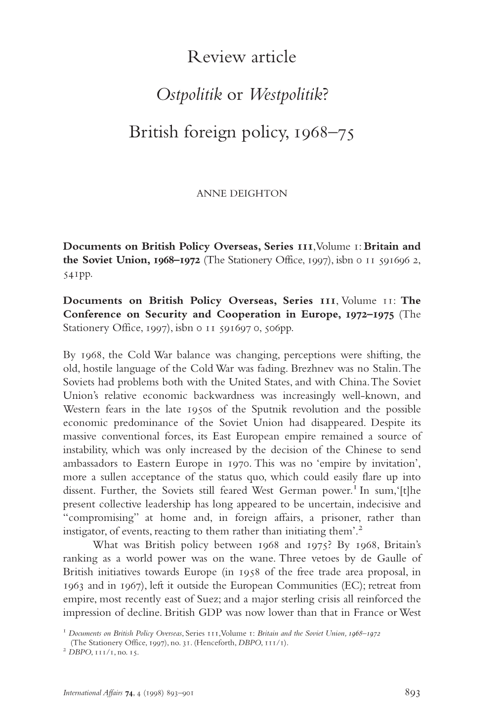 Review Article Ostpolitik Or Westpolitik? British Foreign Policy, –