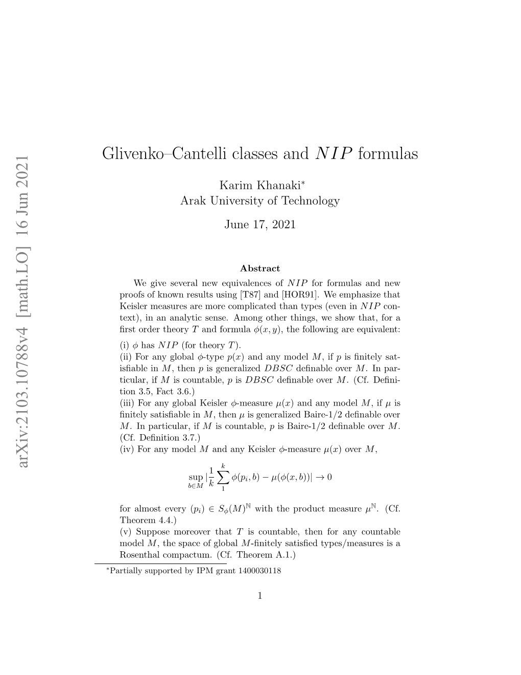 Arxiv:2103.10788V4 [Math.LO] 16 Jun 2021 Glivenko–Cantelli Classes