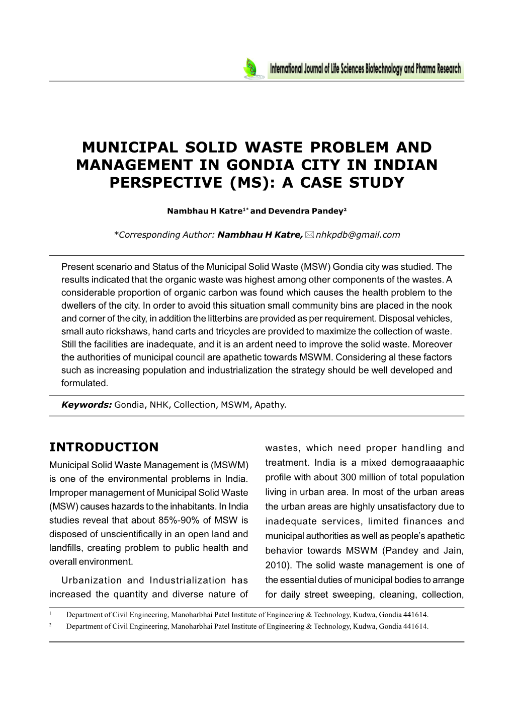 Municipal Solid Waste Problem and Management in Gondia City in Indian Perspective (Ms): a Case Study