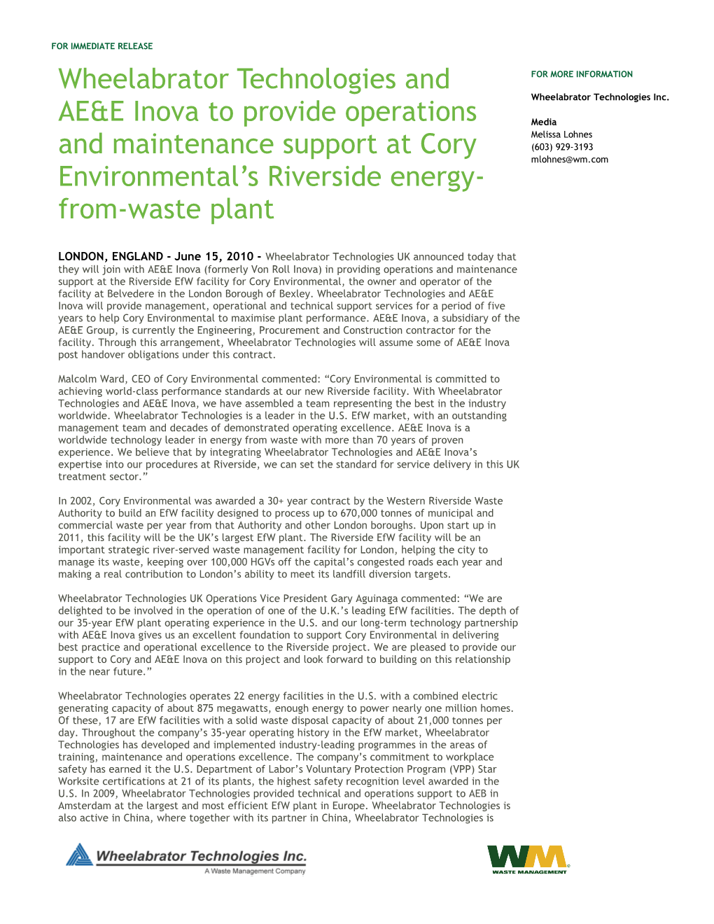 Wheelabrator Technologies and AE&E Inova to Provide Operations and Maintenance Support at Cory Environmental's Riverside E