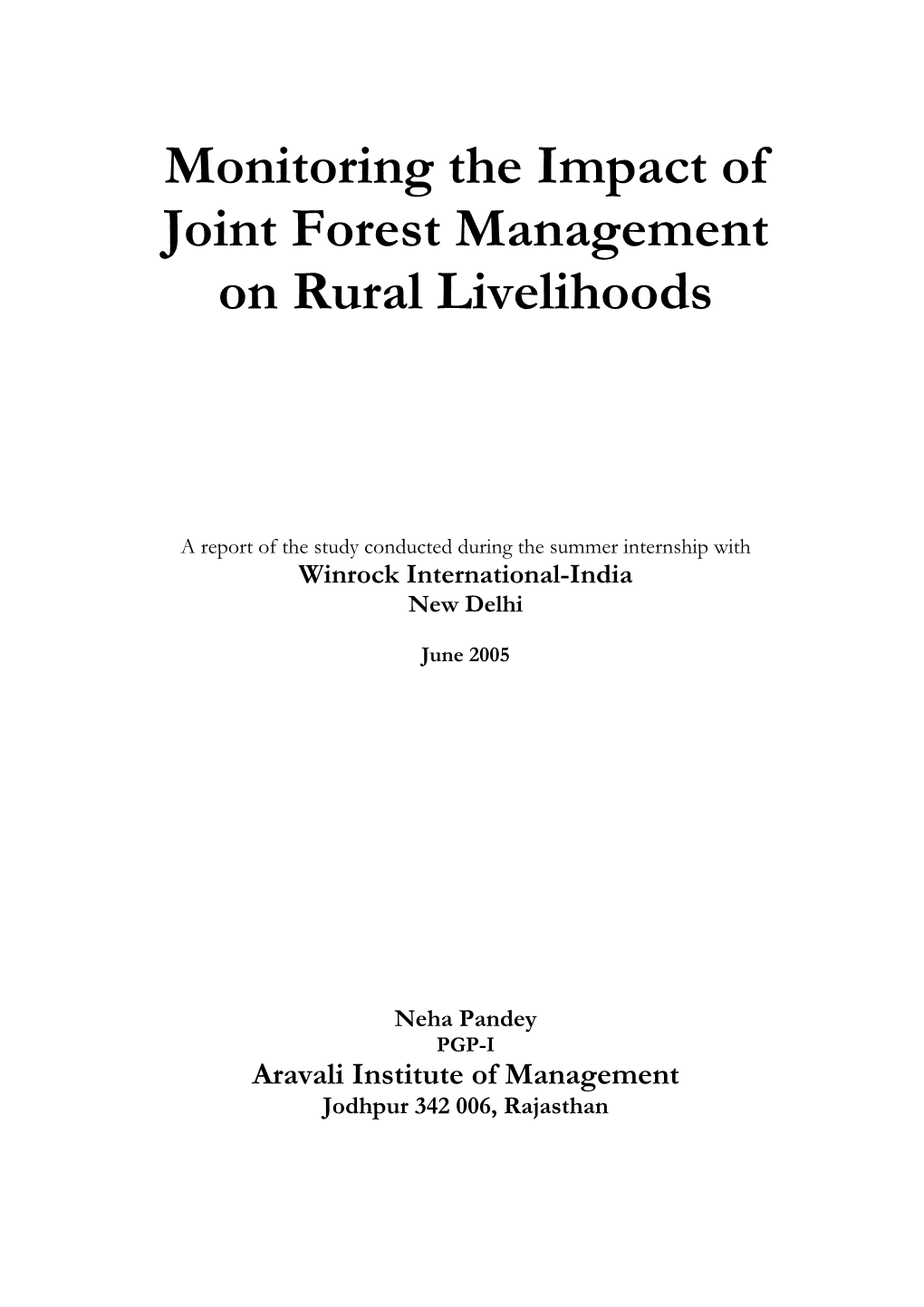 Monitoring the Impact of Joint Forest Management on Rural Livelihoods