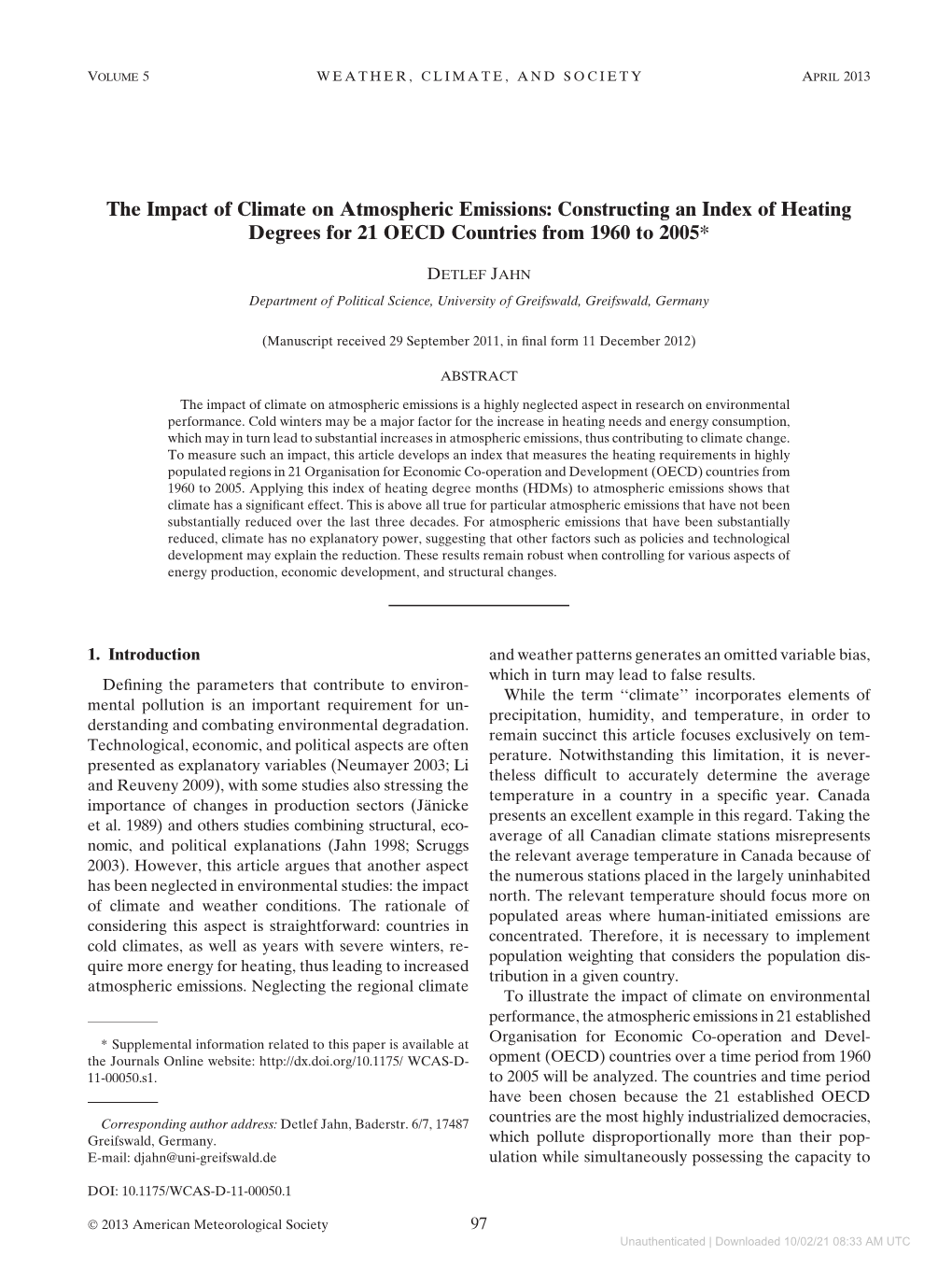 The Impact of Climate on Atmospheric Emissions: Constructing an Index of Heating Degrees for 21 OECD Countries from 1960 to 2005*