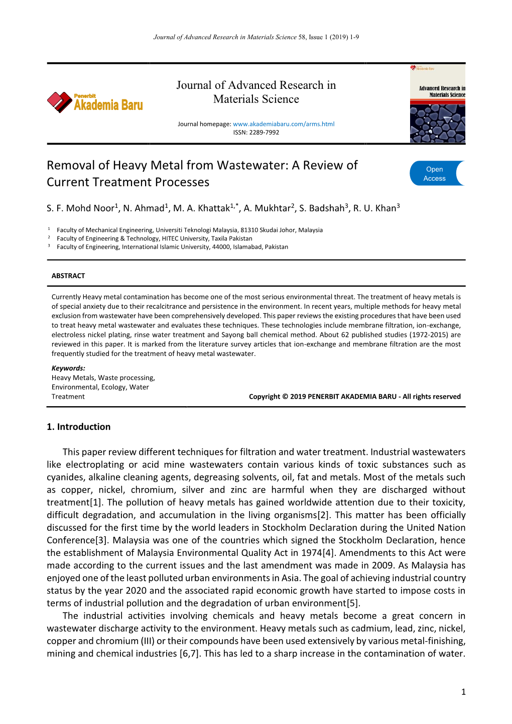 Removal of Heavy Metal from Wastewater: a Review of Open Access Current Treatment Processes