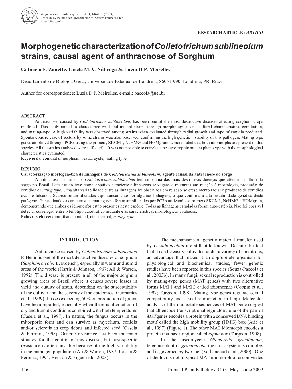 Morphogenetic Characterization of Colletotrichum Sublineolum Strains, Causal Agent of Anthracnose of Sorghum