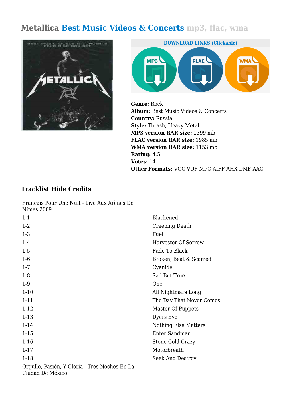 Metallica Best Music Videos & Concerts Mp3, Flac