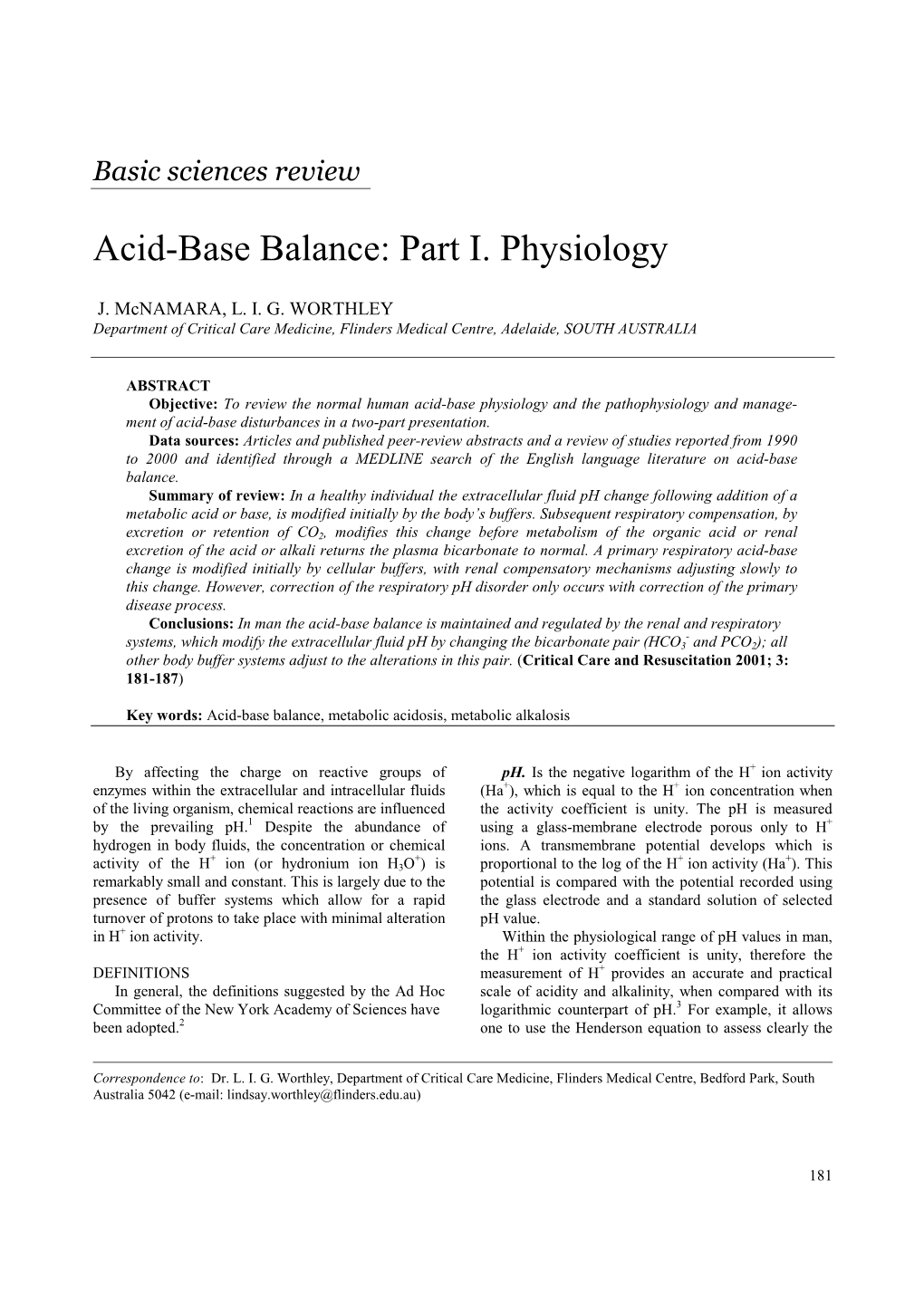 Acid-Base Balance: Part I. Physiology