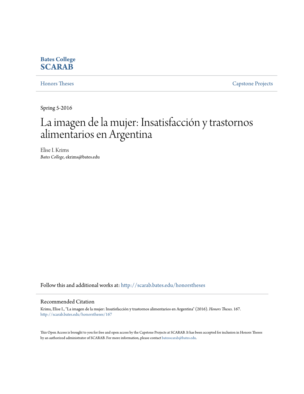 La Imagen De La Mujer: Insatisfacción Y Trastornos Alimentarios En Argentina Elise I
