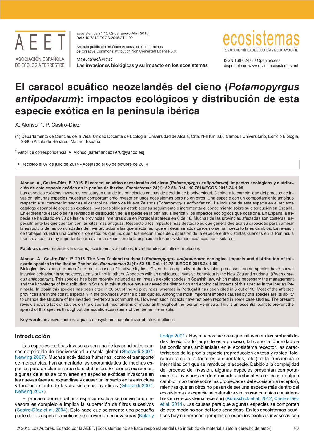 Potamopyrgus Antipodarum ): Impactos Ecológicos Y Distribución De Esta Especie Exótica En La Península Ibérica A