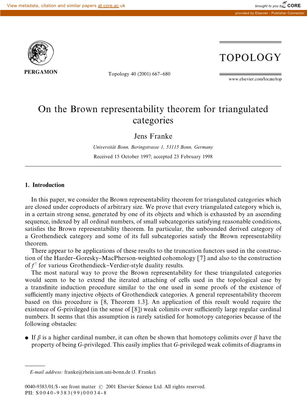 On the Brown Representability Theorem for Triangulated Categories