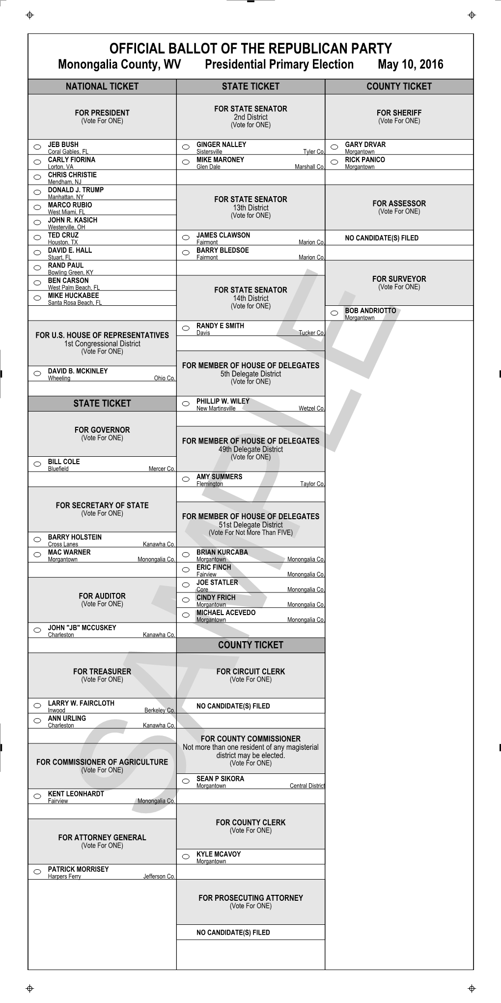 Sample Ballot Republican 2016 Primary