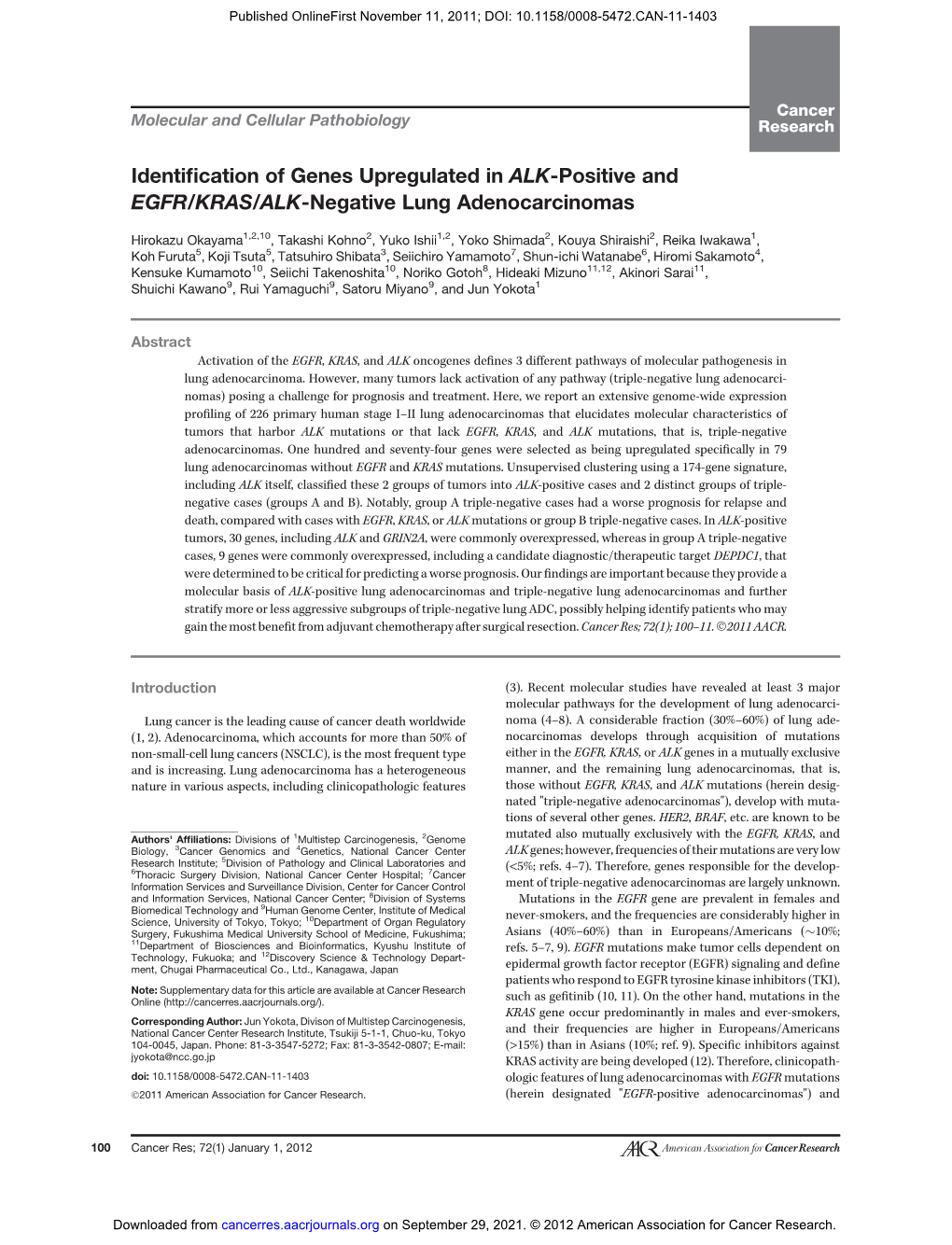 Identification of Genes Upregulated in ALK-Positive and EGFR/KRAS/ALK-Negative Lung Adenocarcinomas