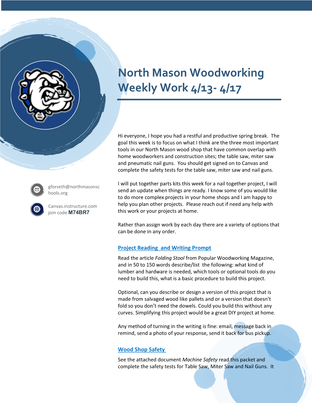 North Mason Woodworking Weekly Work 4/13- 4/17