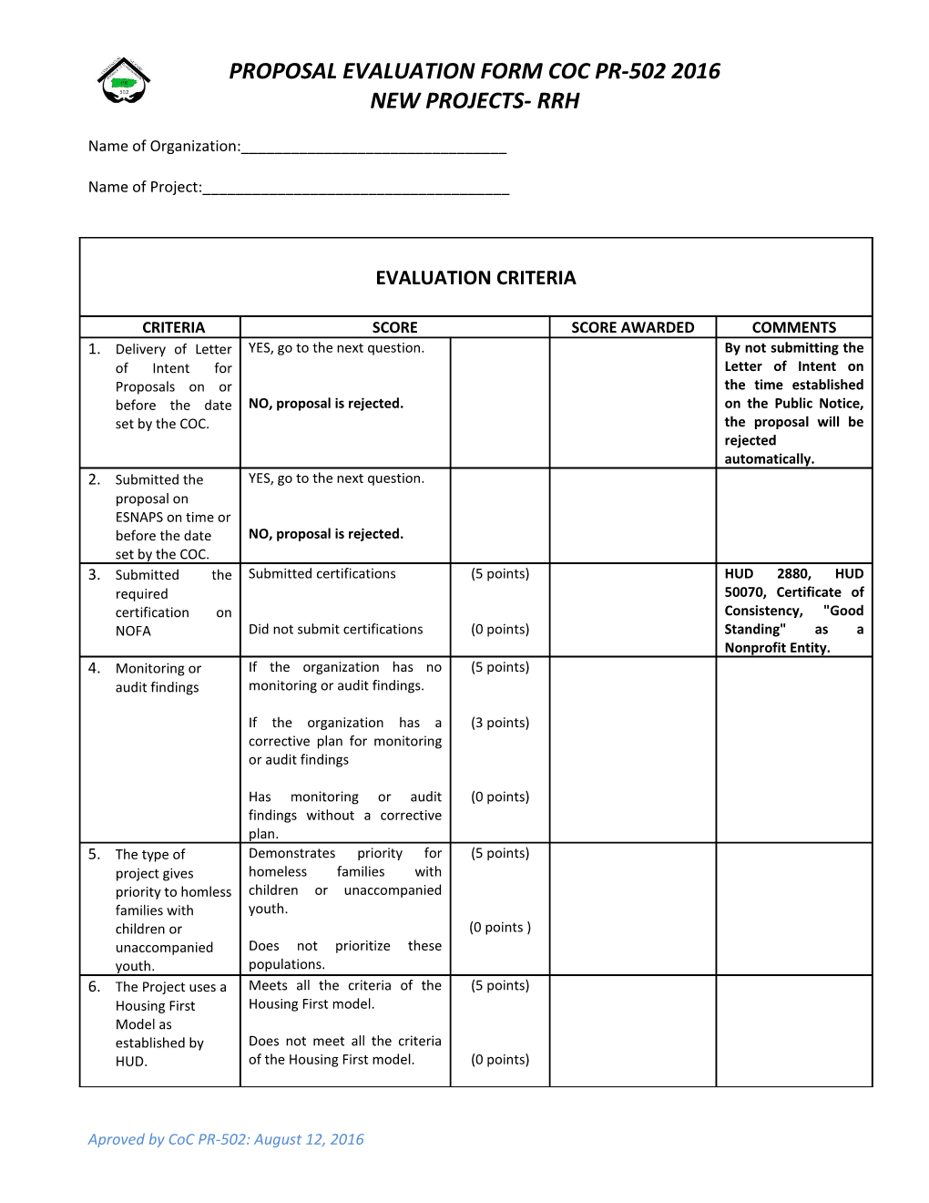 Proposal Evaluation Form COC PR -502 2016 - New Projects- RRH