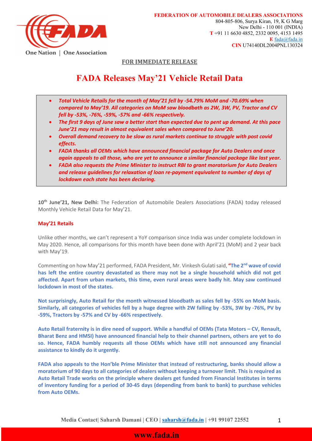 FADA Releases May'21 Vehicle Retail Data