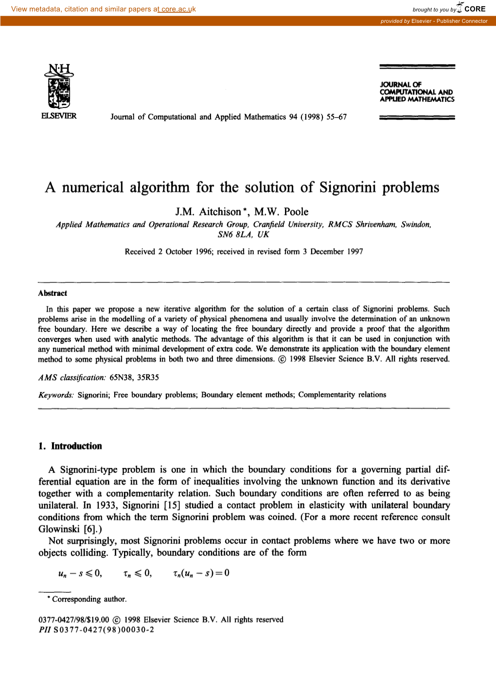 A Numerical Algorithm for the Solution of Signorini Problems