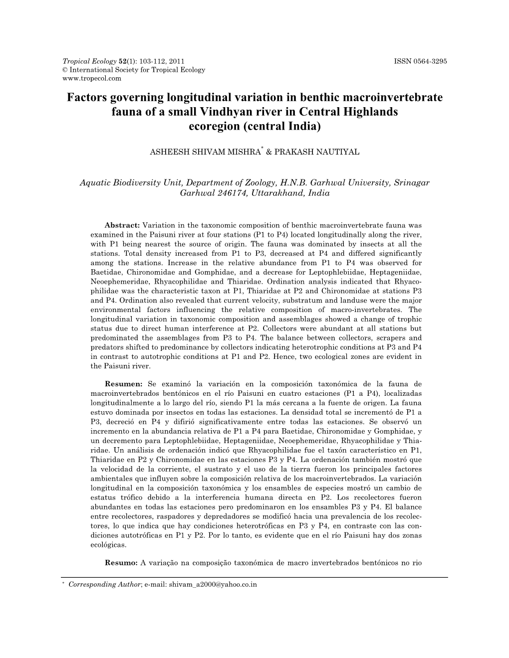 Factors Governing Longitudinal Variation in Benthic Macroinvertebrate Fauna of a Small Vindhyan River in Central Highlands Ecoregion (Central India)