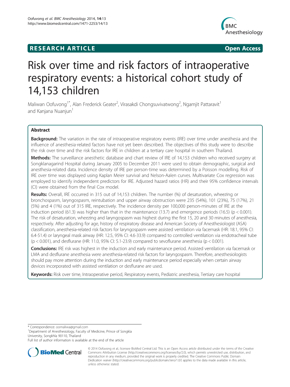 Risk Over Time and Risk Factors of Intraoperative Respiratory Events: A