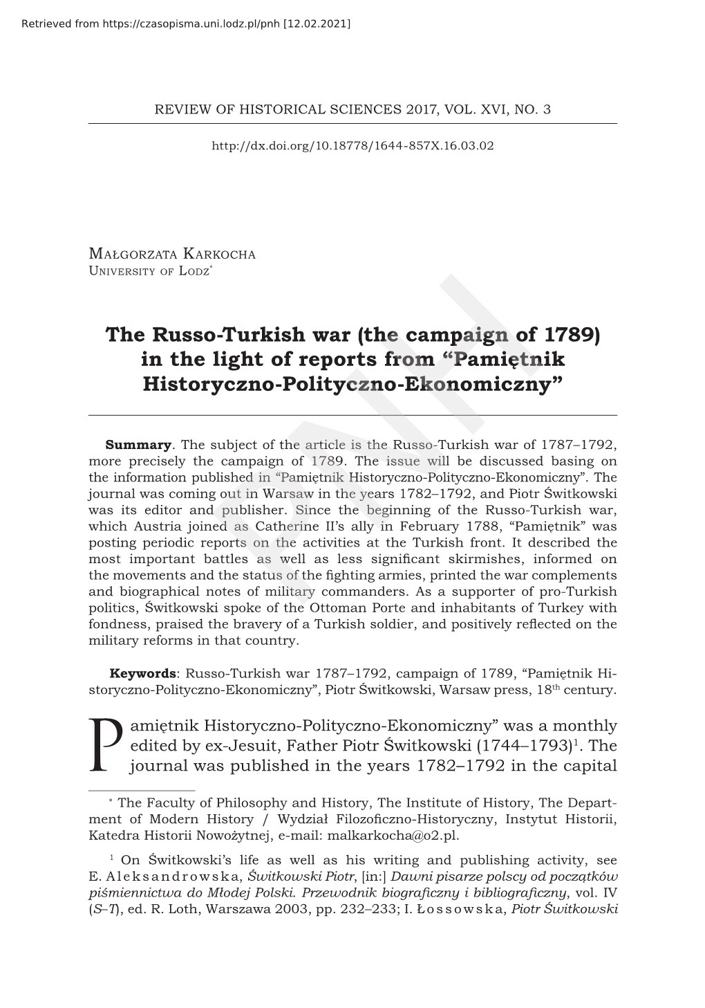 The Russo-Turkish War (The Campaign of 1789) in the Light of Reports from Â•Žpamiäžtnik Historyczno-Polityczno-Ekonomiczny
