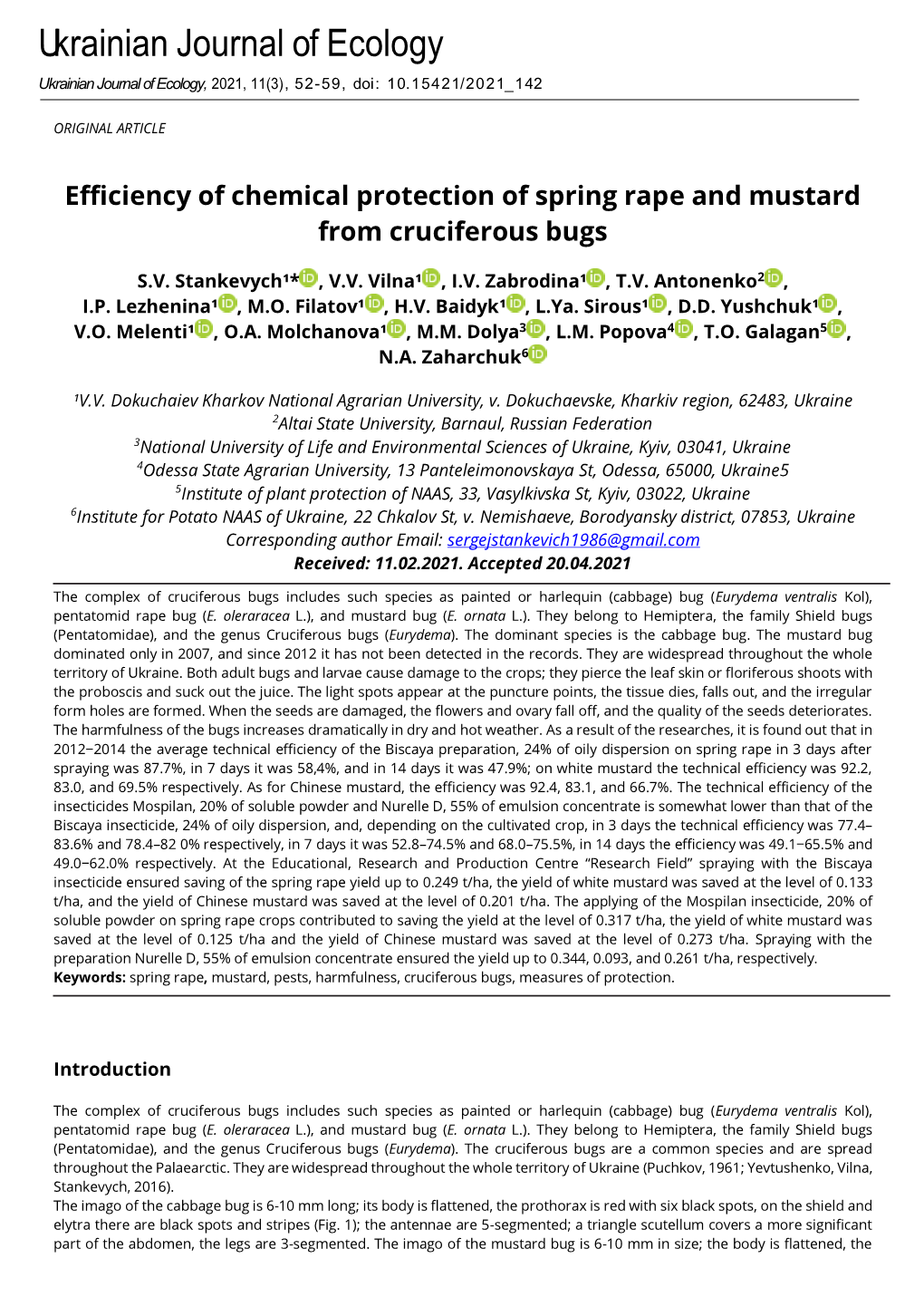 Efficiency of Chemical Protection of Spring Rape and Mustard from Cruciferous Bugs