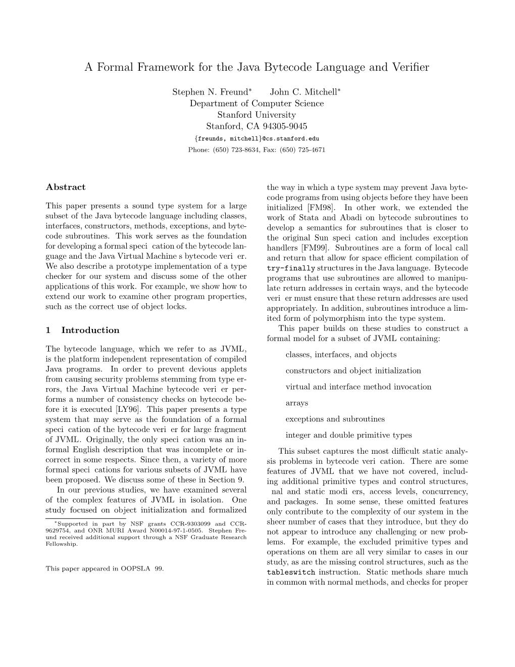 A Formal Framework for the Java Bytecode Language and Verifier