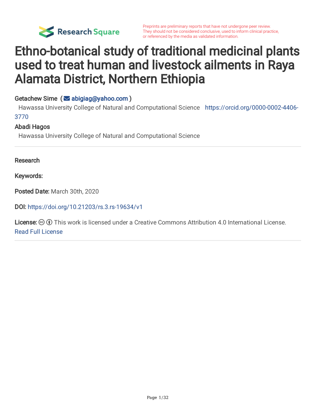 Ethno-Botanical Study of Traditional Medicinal Plants Used to Treat Human and Livestock Ailments in Raya Alamata District, Northern Ethiopia