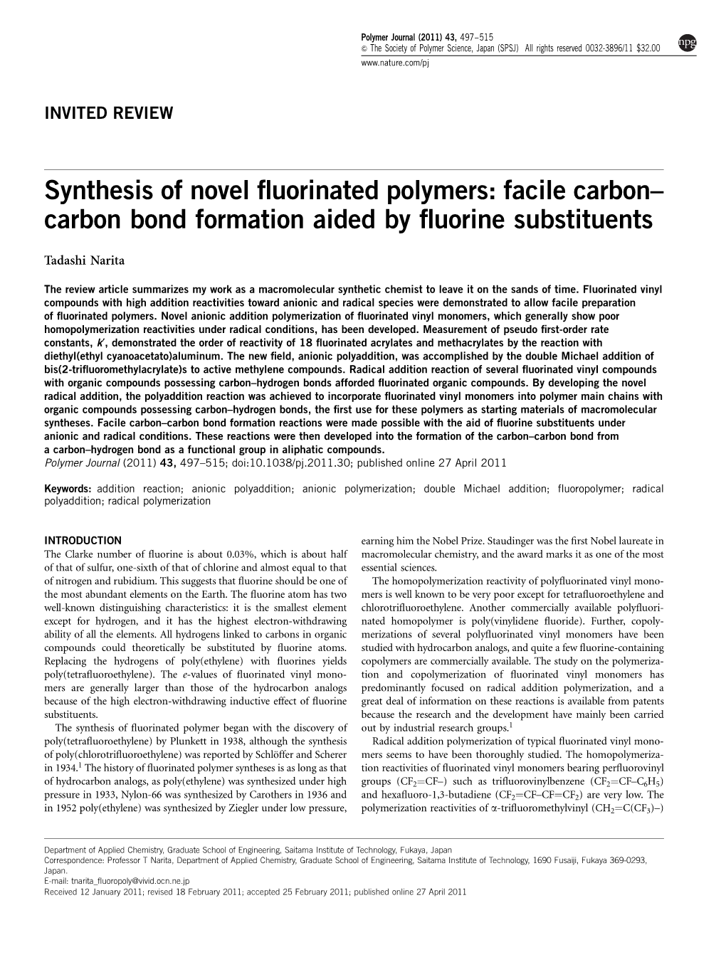 Synthesis of Novel Fluorinated Polymers: Facile Carbon