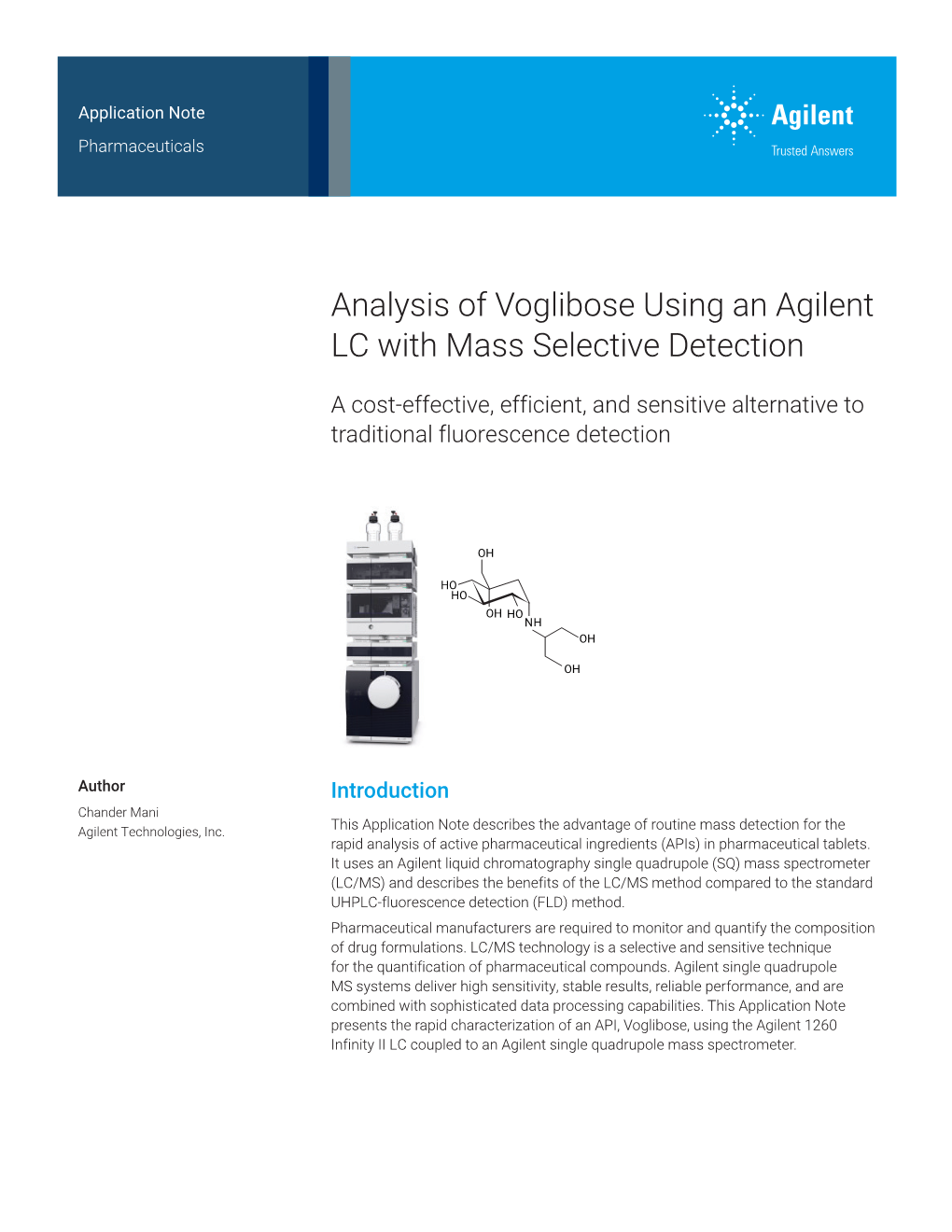 Analysis of Voglibose Using an Agilent LC with Mass Selective Detection