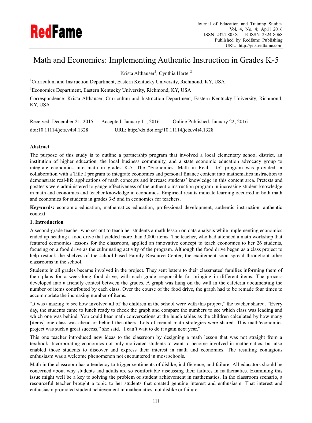 Math and Economics: Implementing Authentic Instruction in Grades K-5