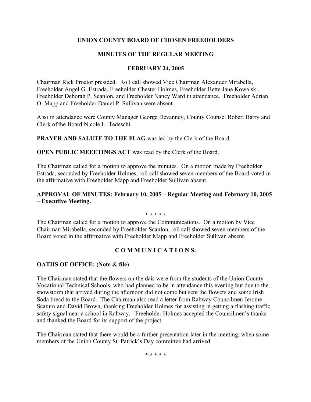 Union County Board of Chosen Freeholders Minutes