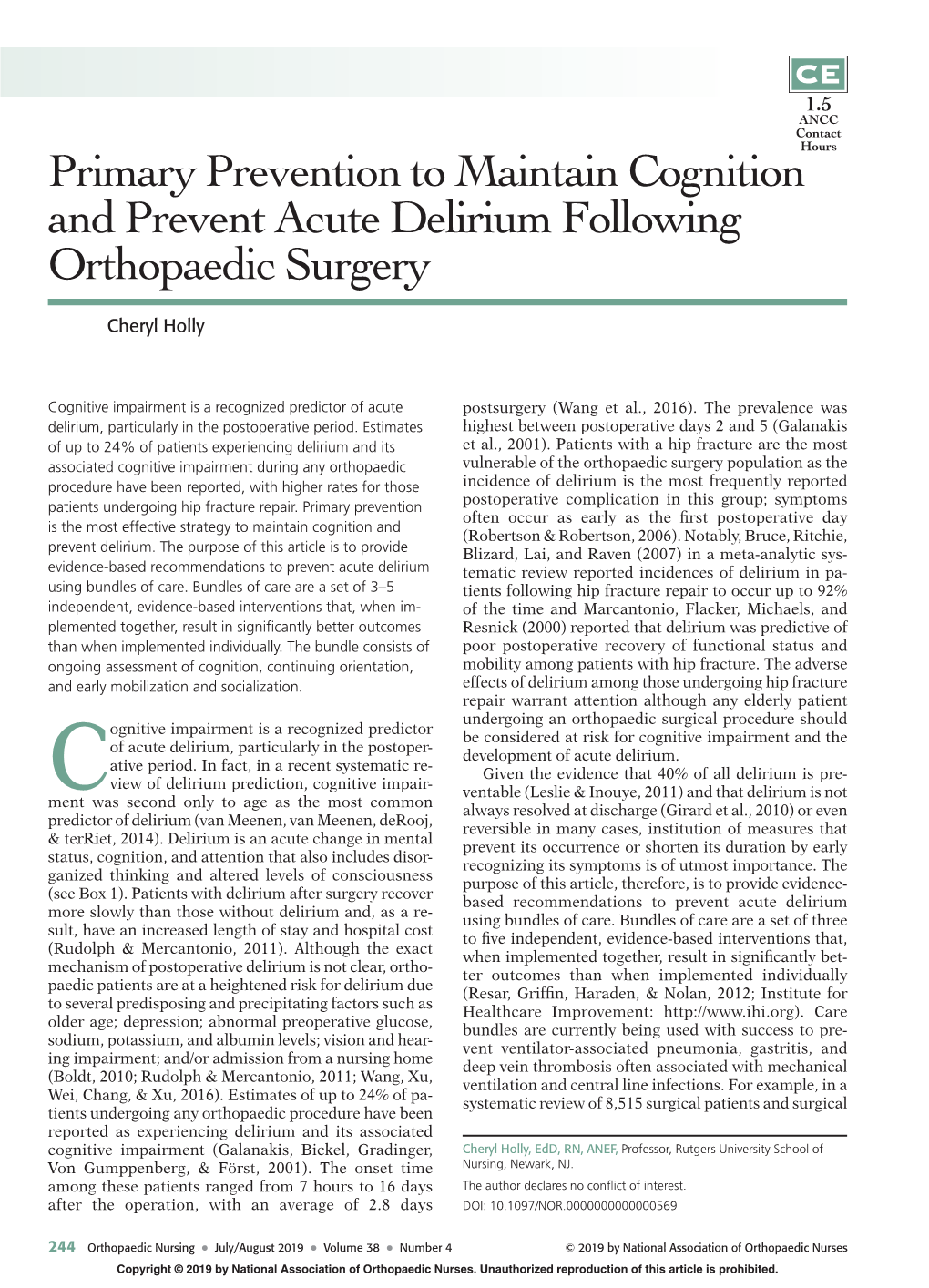 Primary Prevention to Maintain Cognition and Prevent Acute Delirium Following Orthopaedic Surgery