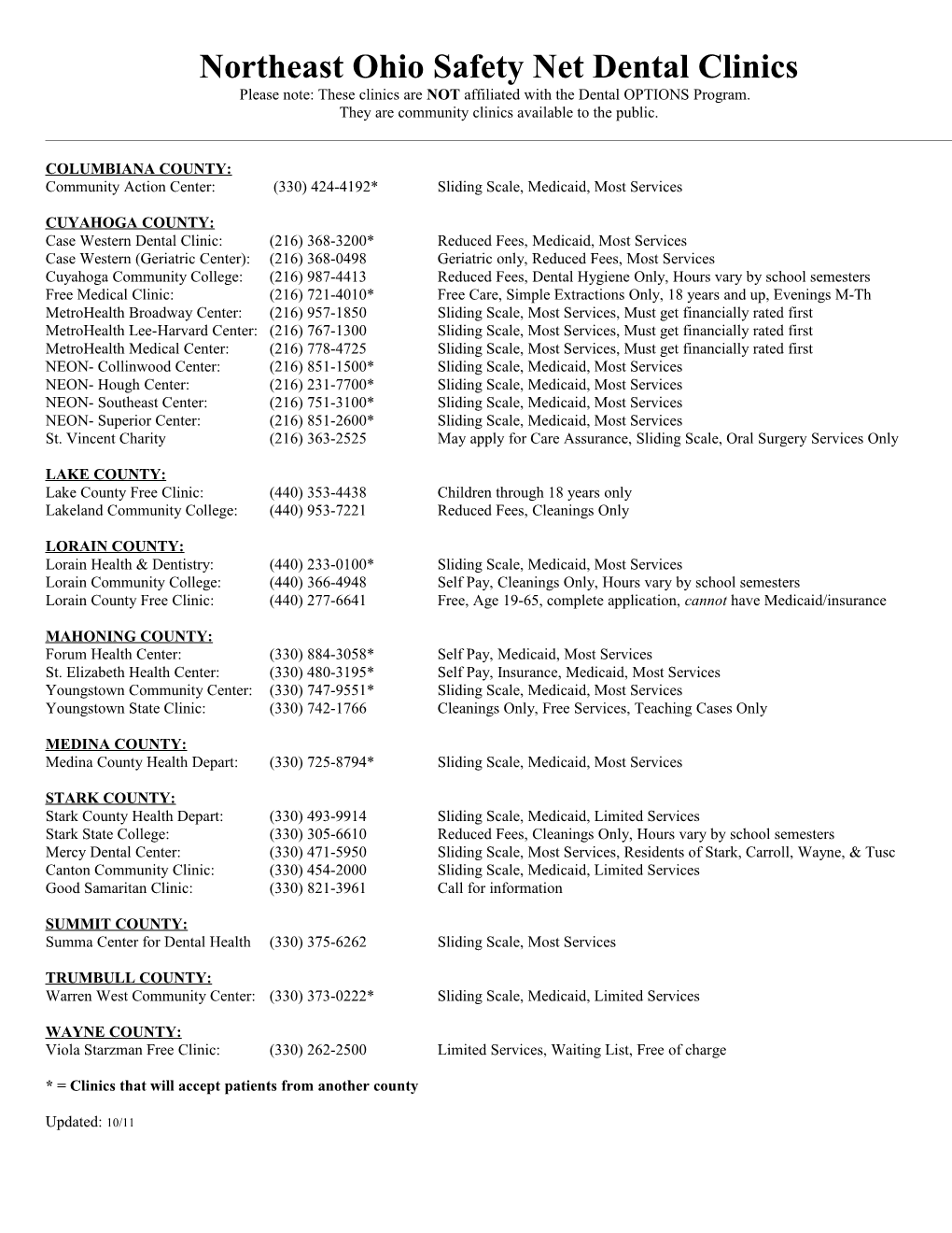 Northeast Ohio Safety Net Dental Clinics