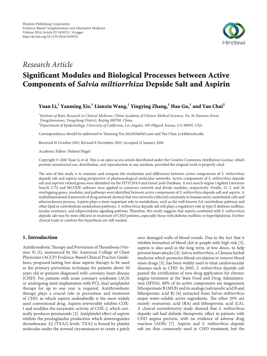 Significant Modules and Biological Processes Between Active Components of Salvia Miltiorrhiza Depside Salt and Aspirin