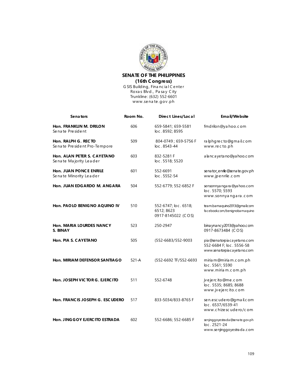 SENATE of the PHILIPPINES (16Th Congress) GSIS Building, Financial Center Roxas Blvd., Pasay City Trunkline: (632) 552-6601