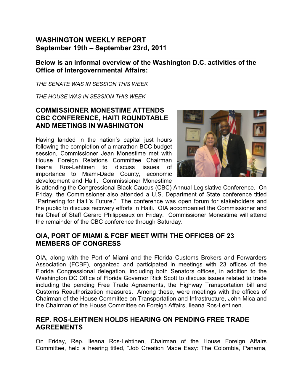 WASHINGTON WEEKLY REPORT September 19Th – September 23Rd, 2011