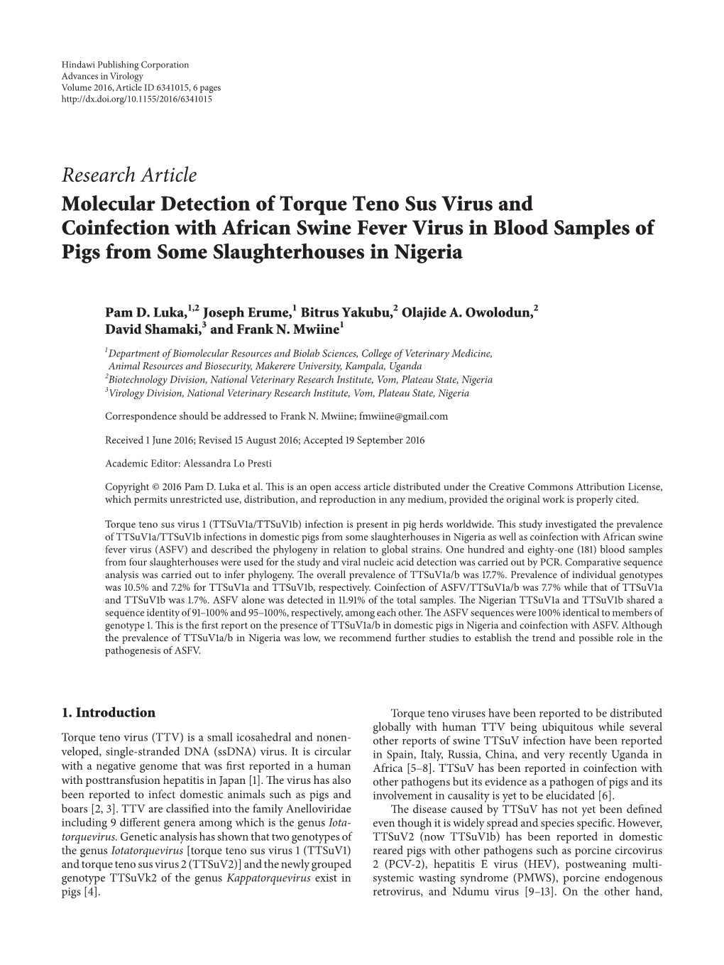Research Article Molecular Detection of Torque Teno Sus Virus and Coinfection with African Swine Fever Virus in Blood Samples Of