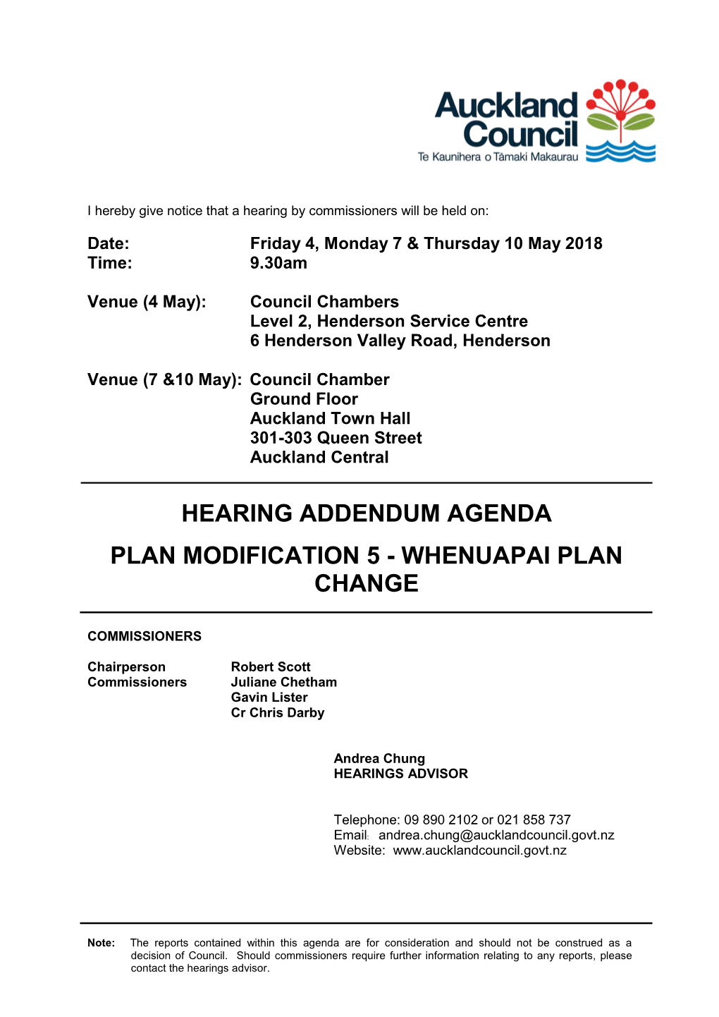 Hearing Addendum Agenda Plan Modification 5 - Whenuapai Plan Change
