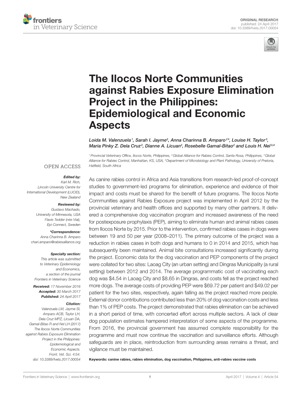 The Ilocos Norte Communities Against Rabies Exposure Elimination Project in the Philippines: Epidemiological and Economic Aspects