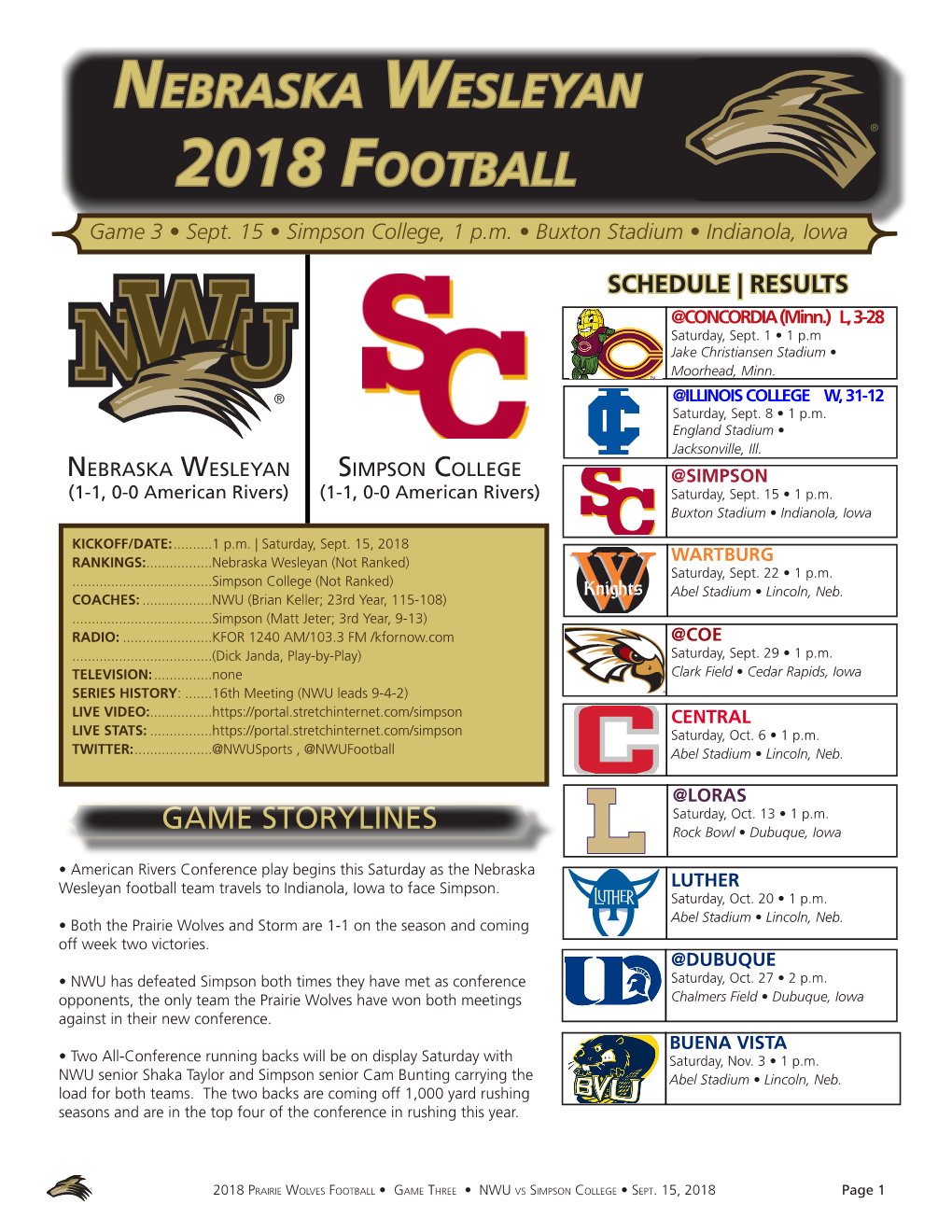 Nebraska Wesleyan 2018 Football Game 3 • Sept