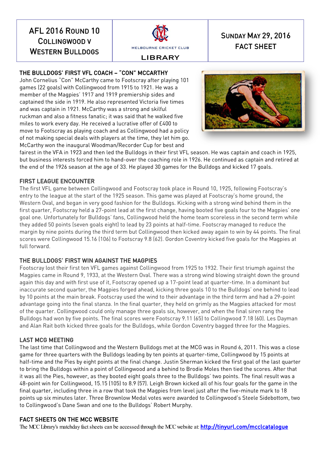 Afl 2016 Round 10 Sunday May 29, 2016 Collingwood V Fact Sheet Western Bulldogs Library
