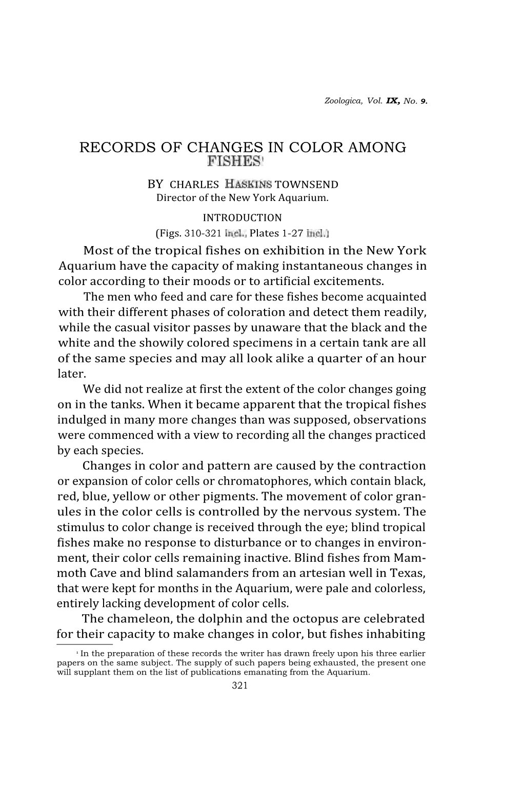 RECORDS of CHANGES in COLOR AMONG FISHES' by CHARLES HASKINS TOWNSEND Director of the New York Aquarium