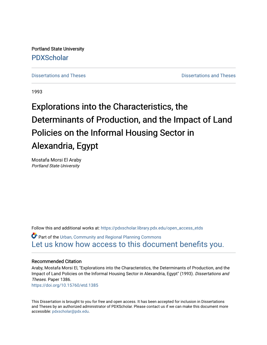 Explorations Into the Characteristics, the Determinants of Production, and the Impact of Land Policies on the Informal Housing Sector in Alexandria, Egypt