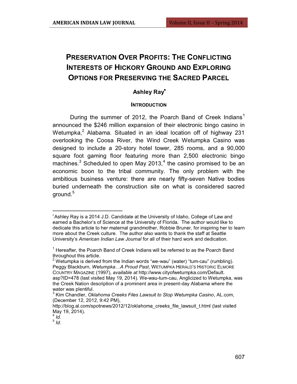 Preservation Over Profits: the Conflicting Interests of Hickory Ground and Exploring Options for Preserving the Sacred Parcel