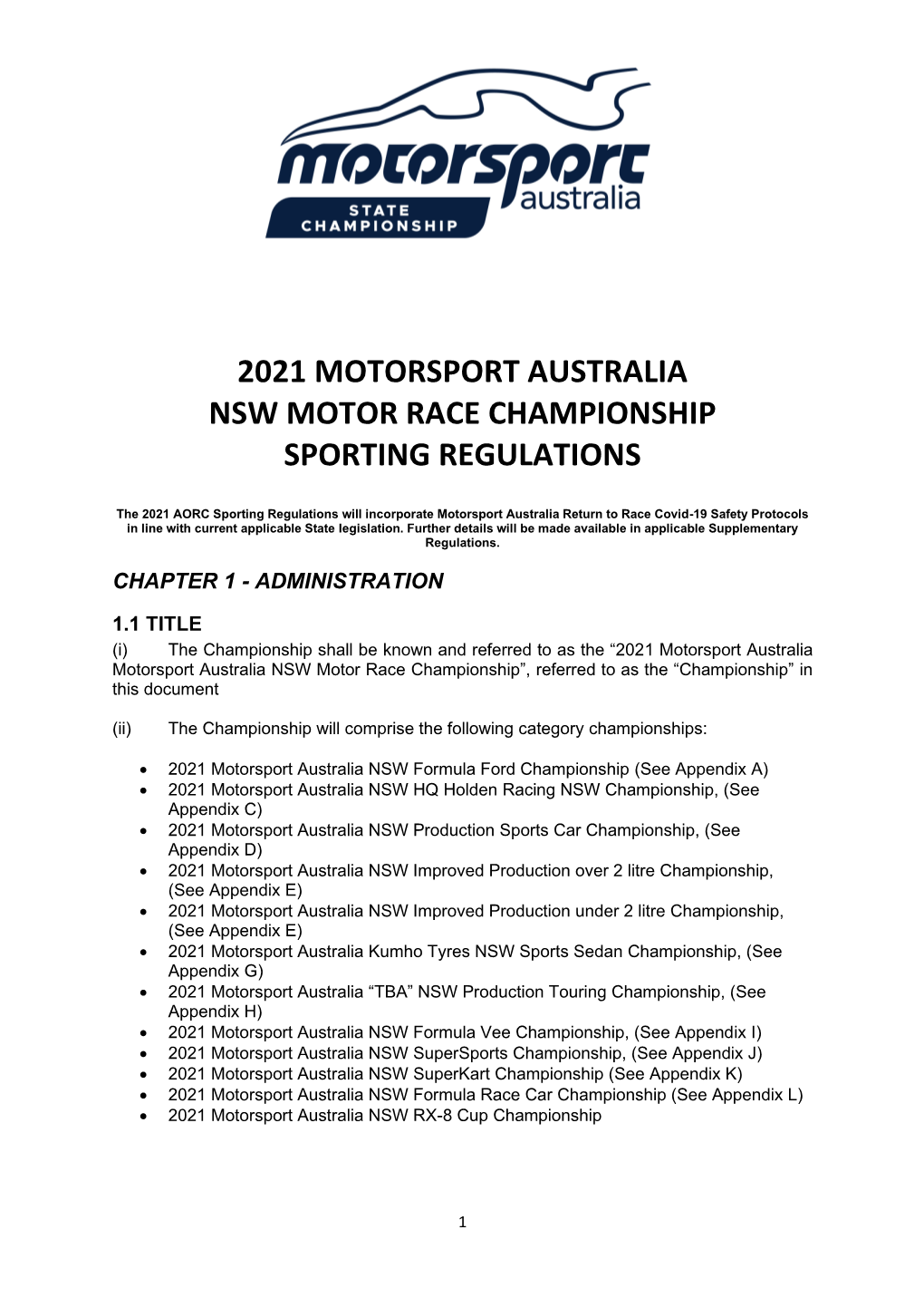 2021 Motorsport Australia Nsw Motor Race Championship Sporting Regulations