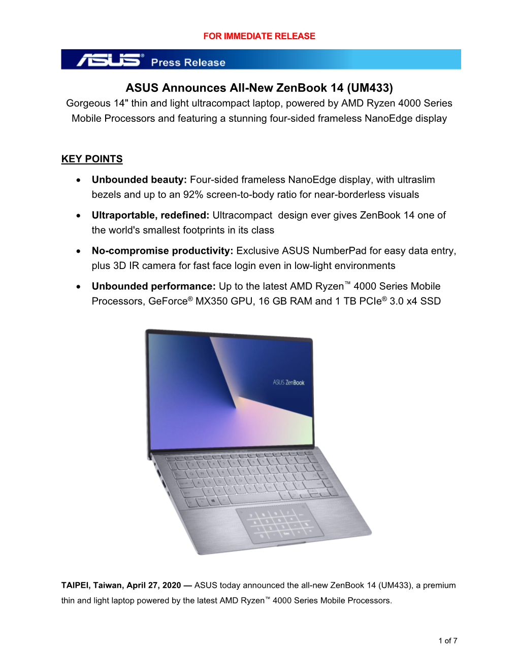 ASUS Announces All-New Zenbook 14 (UM433)